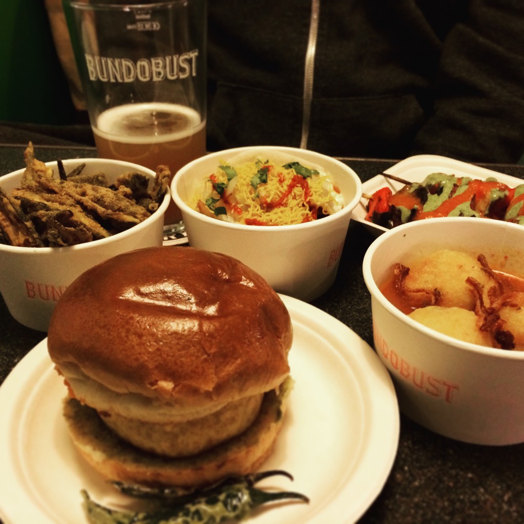 Okra fries, vada pav, bundo chaat, paneer and mushroom tikka, and biryani bhaji balls