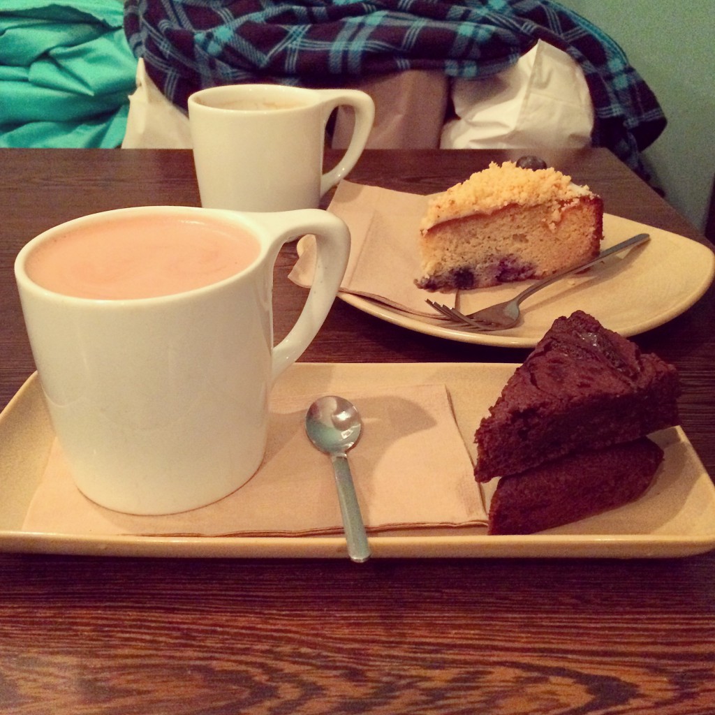 Hot chocolate and salted caramel brownie, and an Americano and blueberry lemon cake