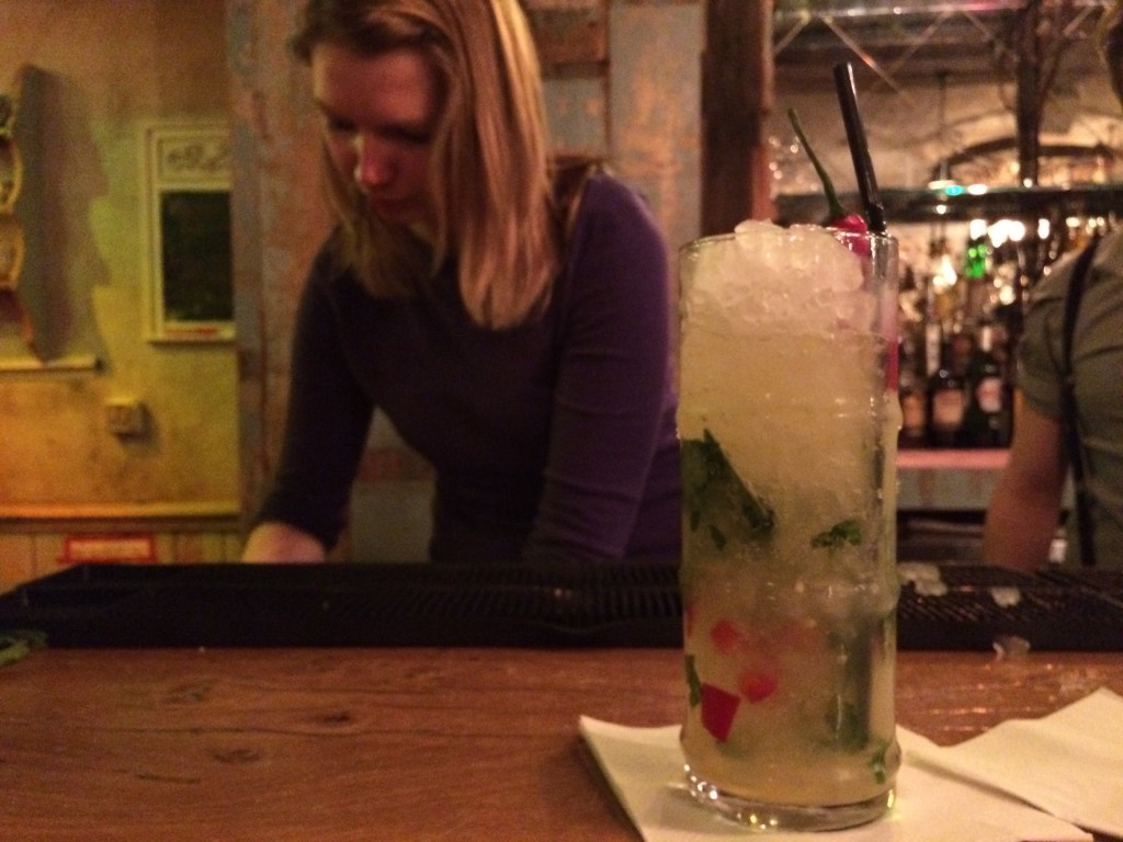 Me behind the bar making a Thai Basil Crush