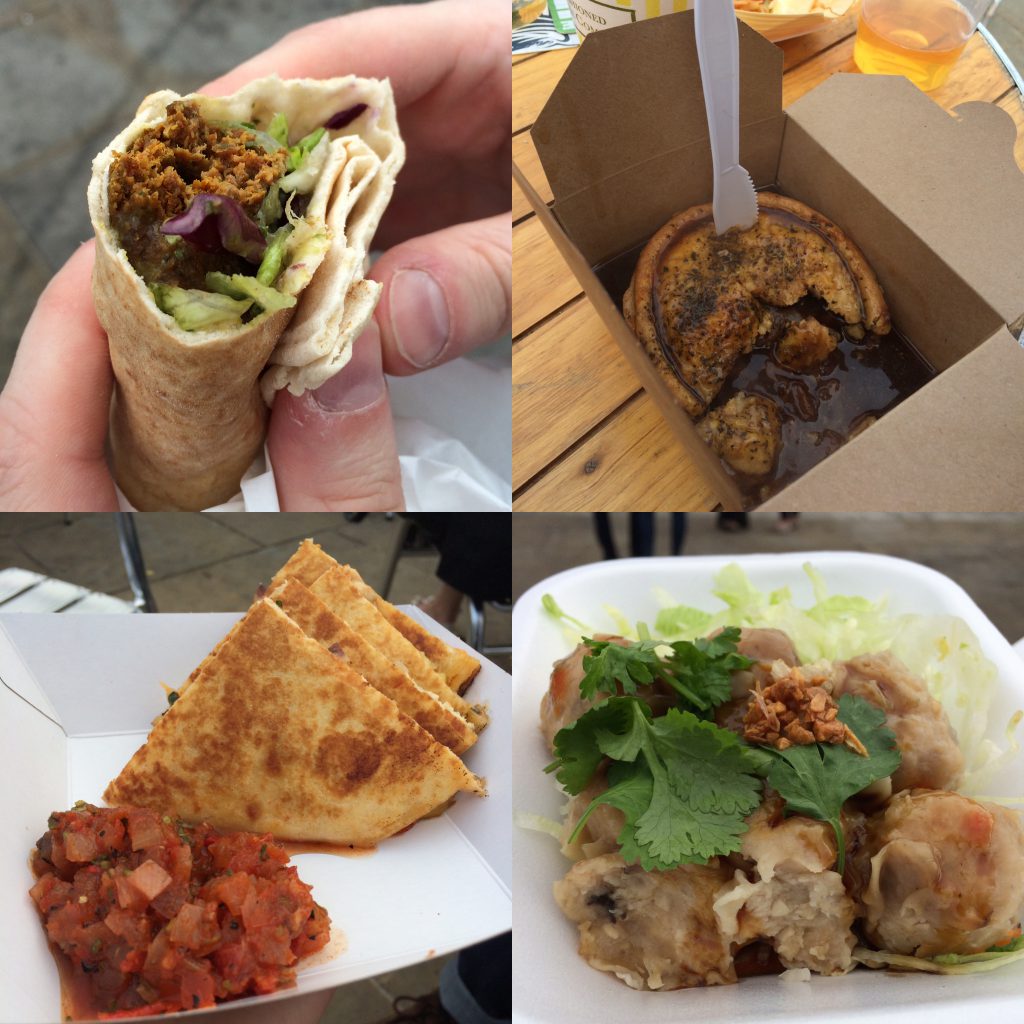 [Clockwise] Seekh kebab wrap from Zouk, steak and red wine pie from the Hull Pie company, prawn and pork dumplings from Sukhothai and quesadilla from Revolucion de Cuba