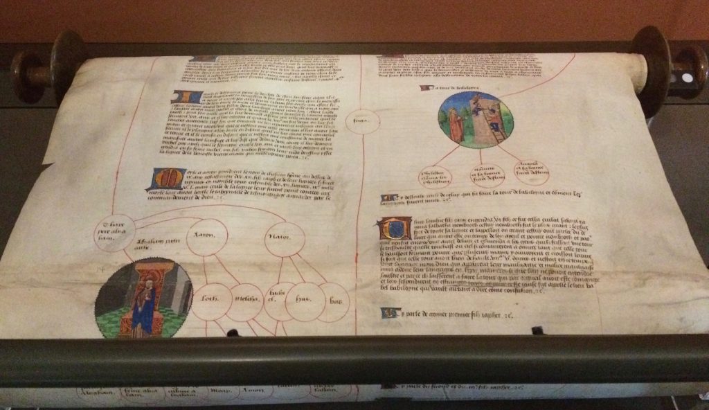 Genealogical History Roll, France, 1461-1483. Members of the library staff had made an ingenious smaller version of this scroll so that they could take it about and show people using two rolling pins from Wilkos!