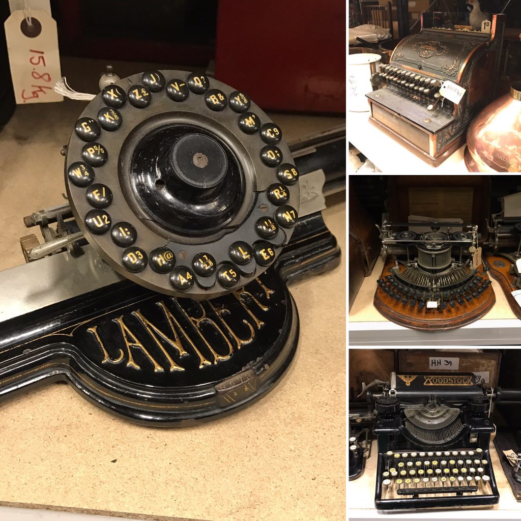 Group of 4 photos of old typewriters and a till